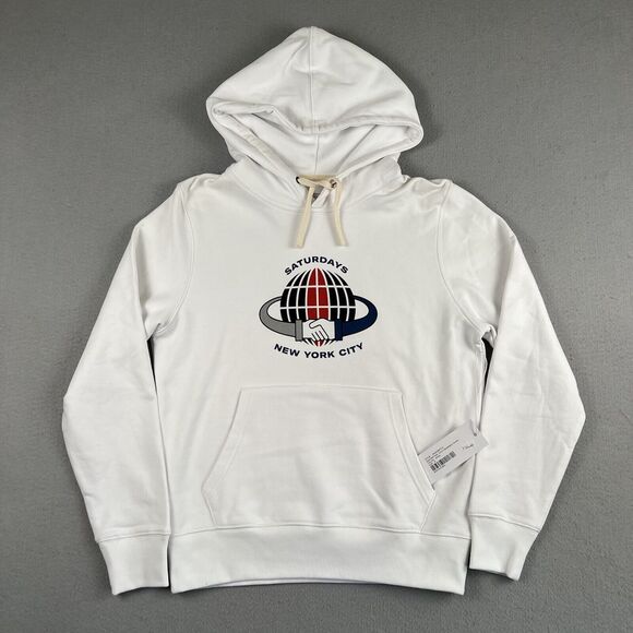 NWT Saturdays NYC White Ditch Handshake Long Sleeve‎ Pullover Hoodie Men’s Small - Picture 1 of 16